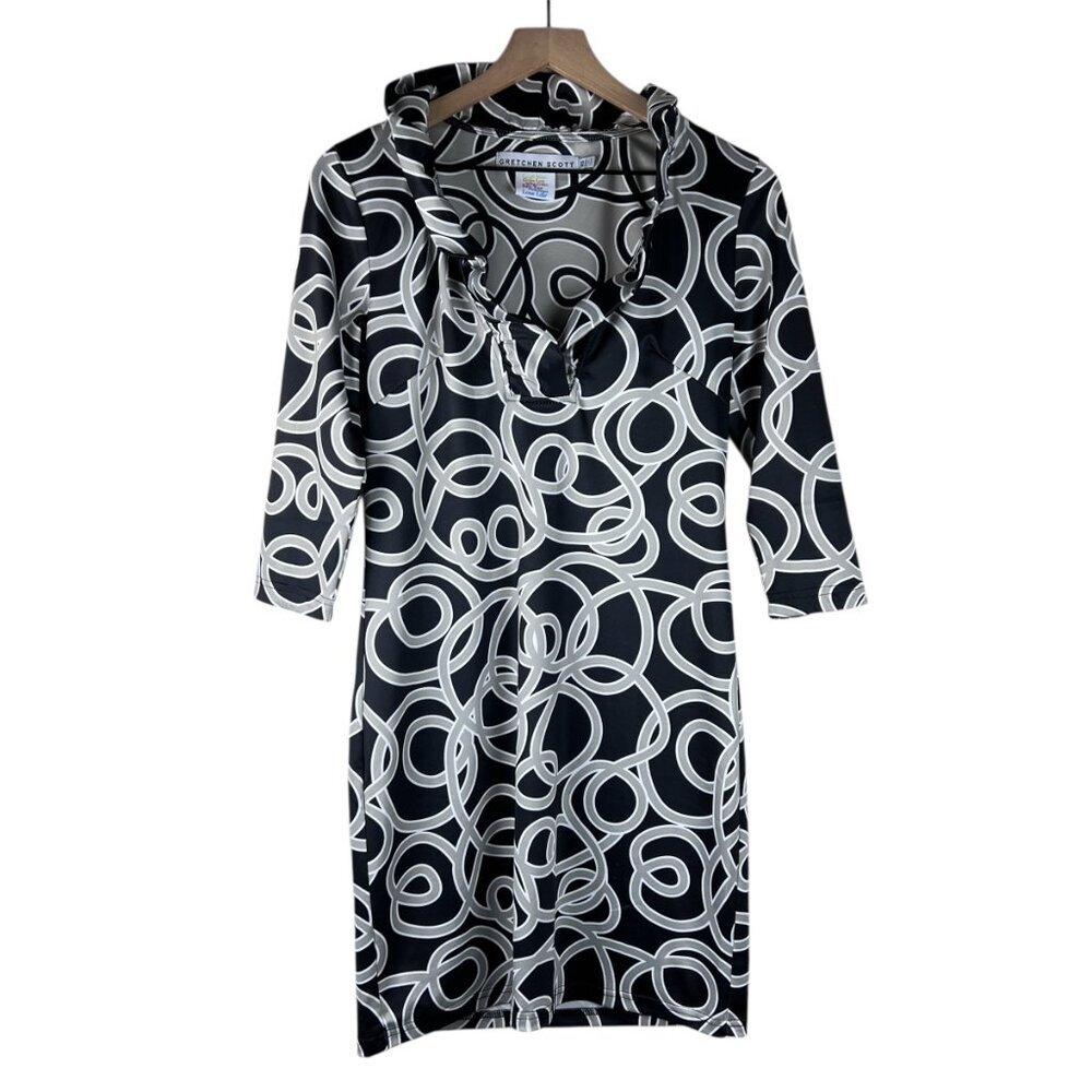 Gretchen Scott Black Swirl Printed 3/4 Sleeve Ruffneck Jersey Dress